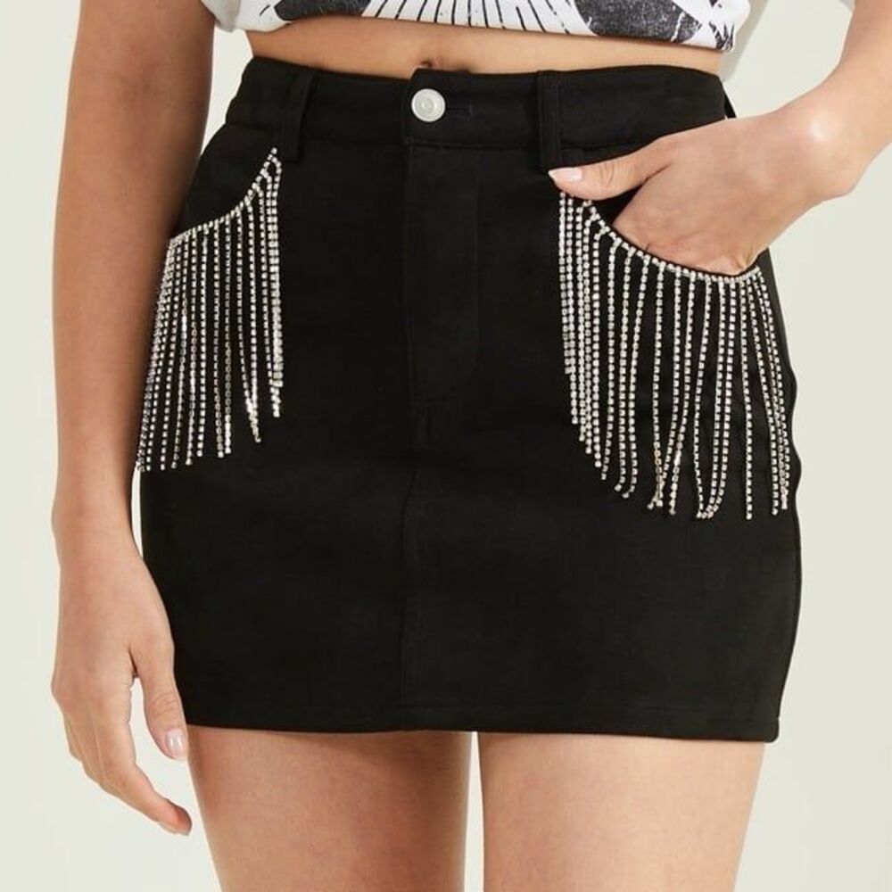 ALTAR’D STATE BLACK SUEDE SKIRT WITH RHINESTONE TASSELS SIZE SMALL